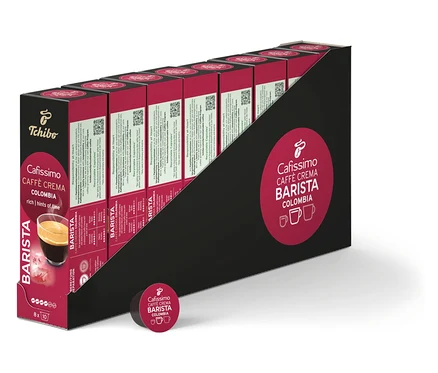 Balenie kávových kapsúl Cafissimo Barista Colombia. Kapsuly sú usporiadané v čiernom obale.