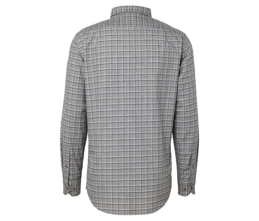 Pohľad zozadu na kockovanú košeľu s dlhým rukávom.