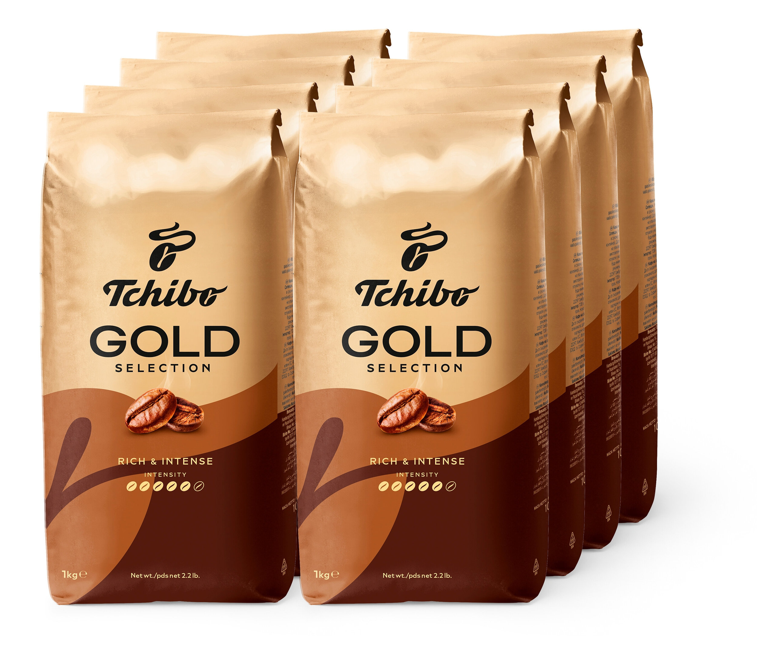 Osem balení zrnkovej kávy Tchibo Gold Selection po 1 kg.