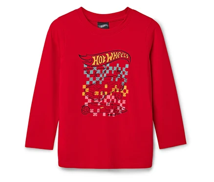 Červené tričko s dlhým rukávom s logom Hot Wheels a obrázkom pretekárskeho auta.