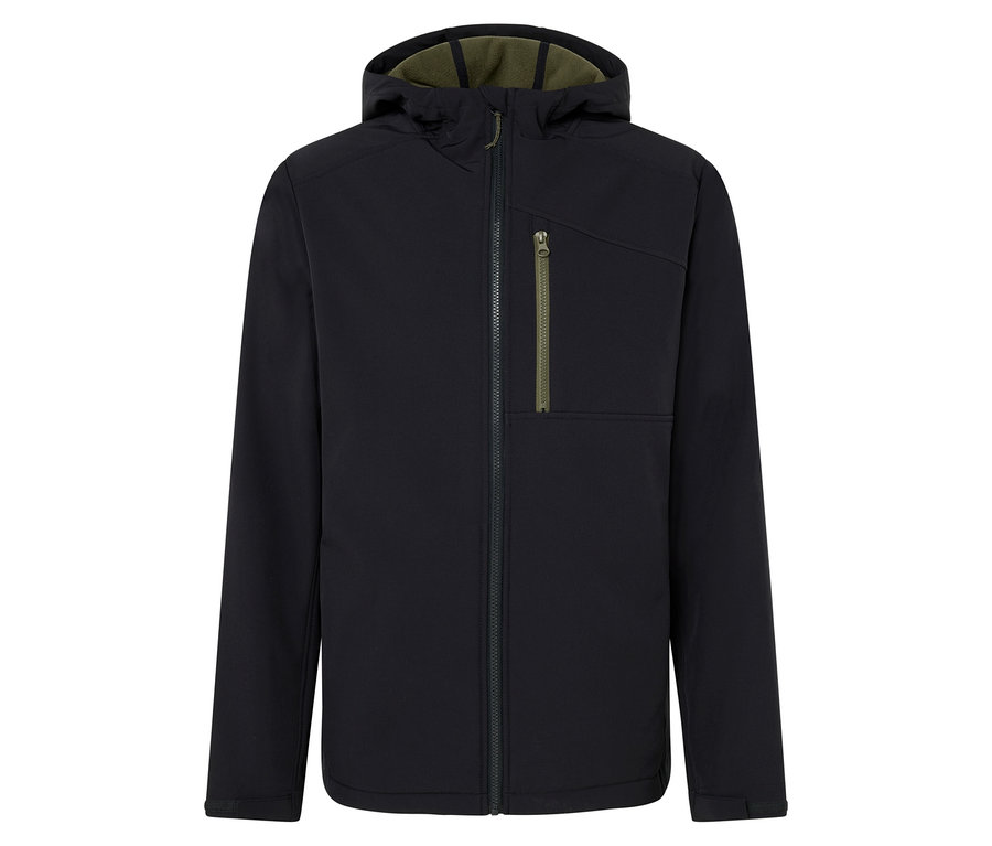 Čierna bunda s kapucňou a zipsom uprostred.