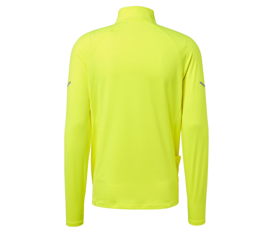 Zadný pohľad na neónovo žltý bežecký top s dlhým rukávom a zipsom pri krku.