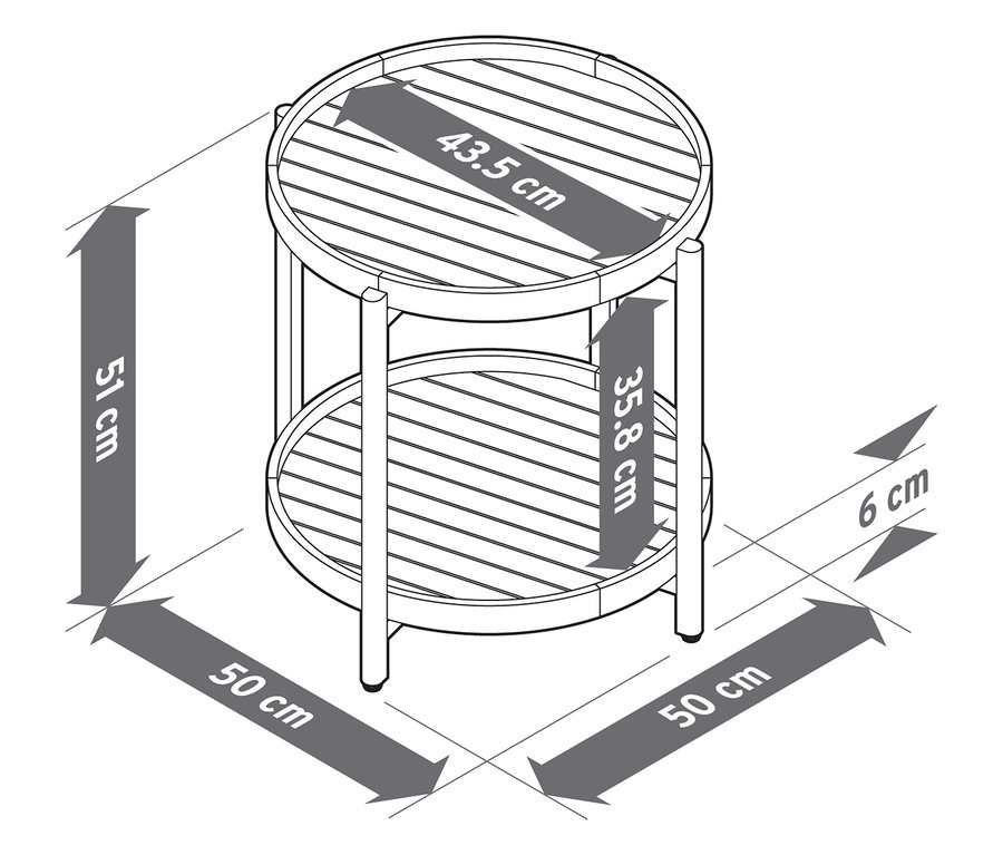 Pohľad zhora na dvojposchodový príručný stolík s rozmermi.