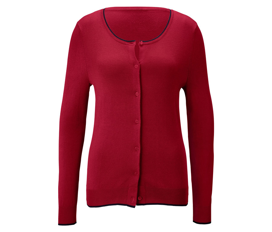 Červený kardigán z jemného úpletu s gombíkmi.