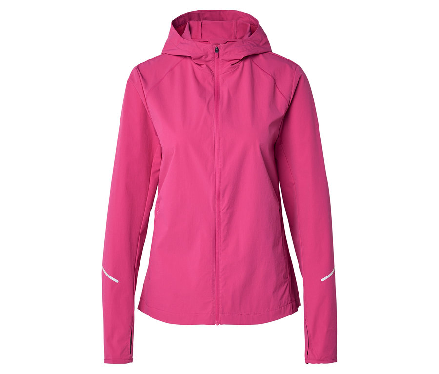 Ružová, podšitá bunda s kapucňou a zipsom vpredu, rukávy s reflexnými detailmi.