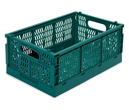 Zelený, skladací plastový box na bielom pozadí.