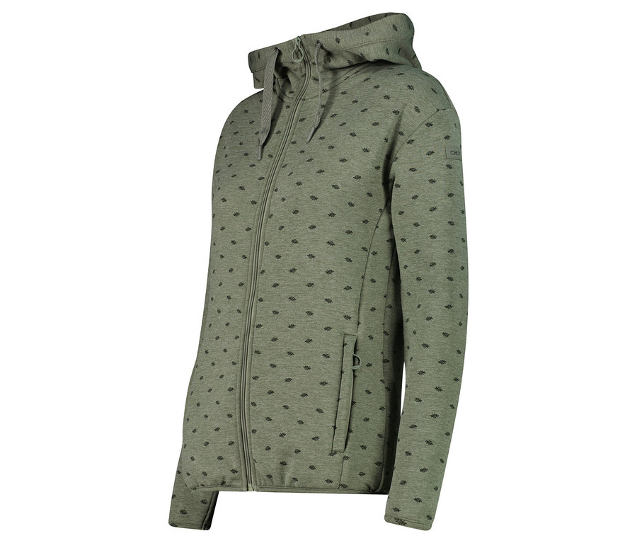 Pohľad zboku na svetlozelenú mikinu s kapucňou na zips s tmavými geometrickými vzormi.