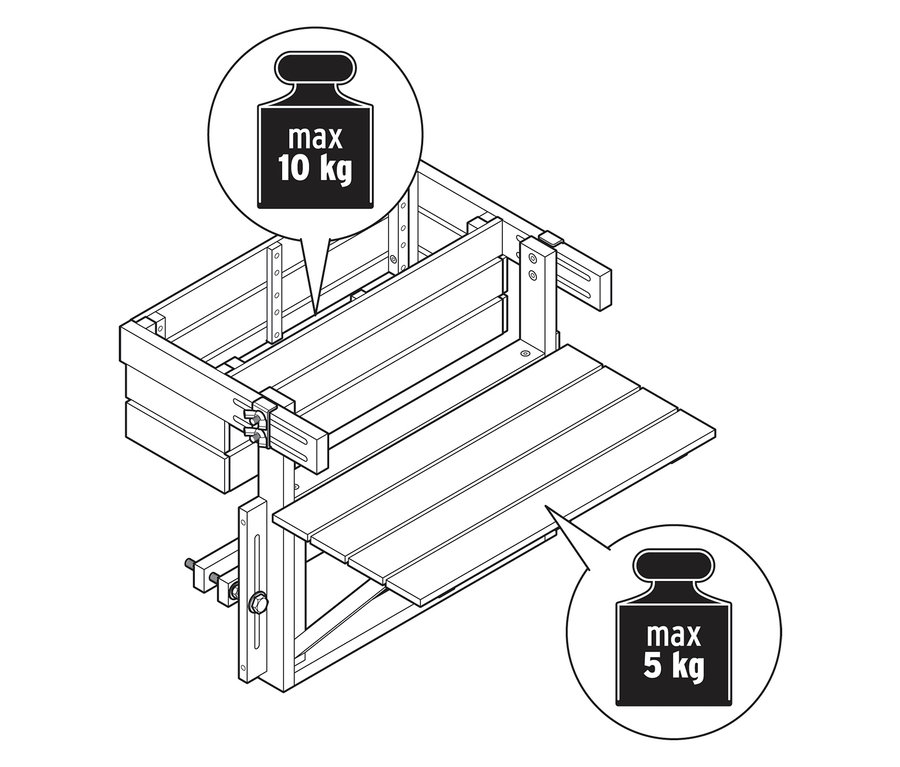 Ilustrácia drevenej konštrukcie s údajmi o maximálnej hmotnosti 10 kg a 5 kg.