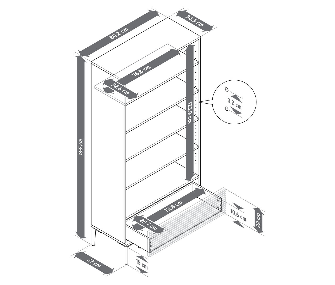 Detailná schematická reprezentácia regálu »REET« s lamelovým vzhľadom, vrátane všetkých rozmerov.