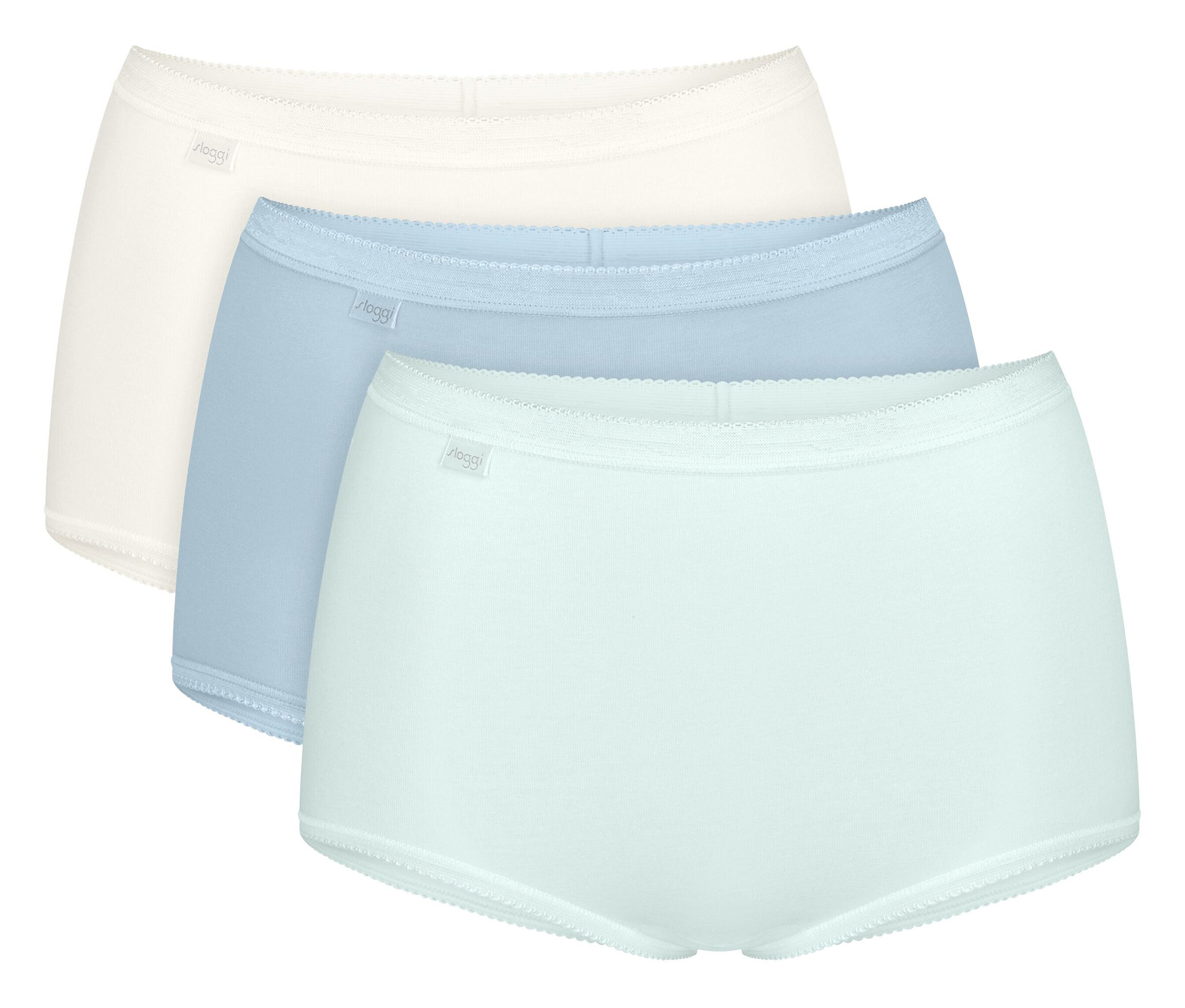 Tri dámske nohavičky vo farbách biela, svetlomodrá a mätová ležia na sebe.