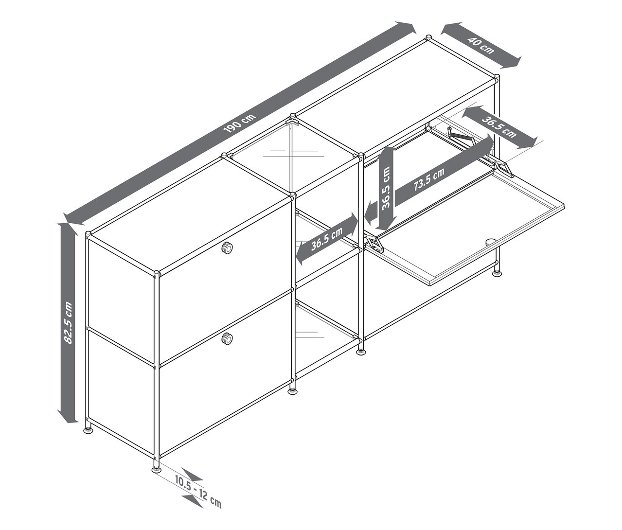 Pohľad zhora na kovovú odkladaciu skrinku »CN3« so 4 výklopnými priehradkami v rôznych farbách a veľkostiach.