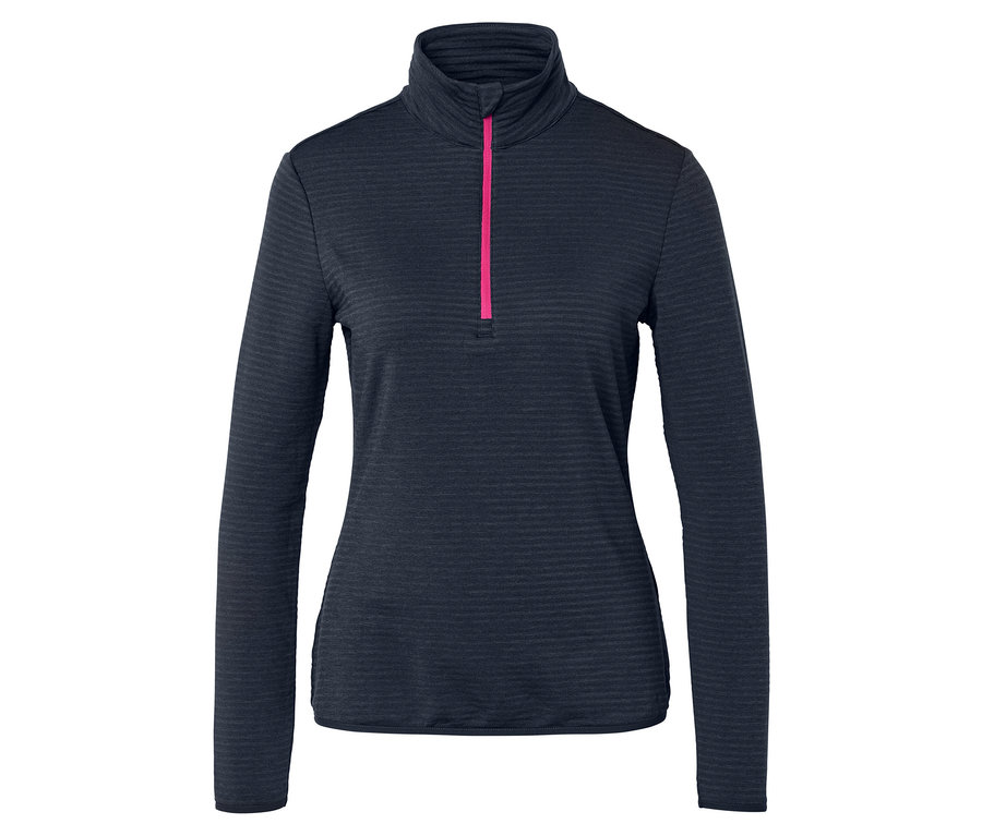 Tmavomodrý top s dlhým rukávom a ružovým zipsom.