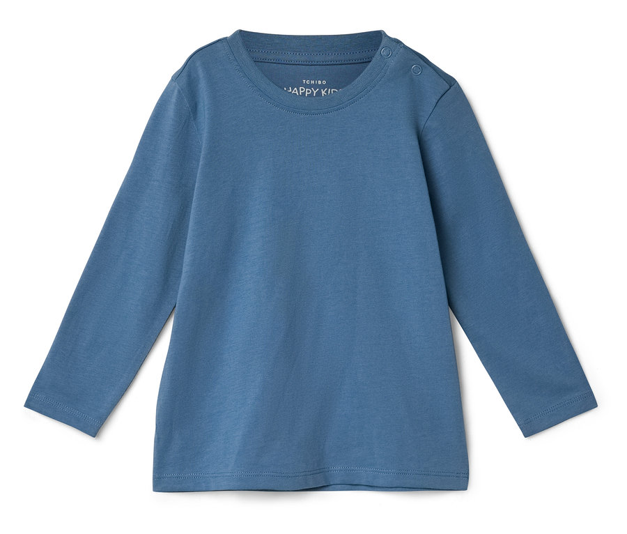Modré detské tričko s dlhým rukávom leží na bielom pozadí.
