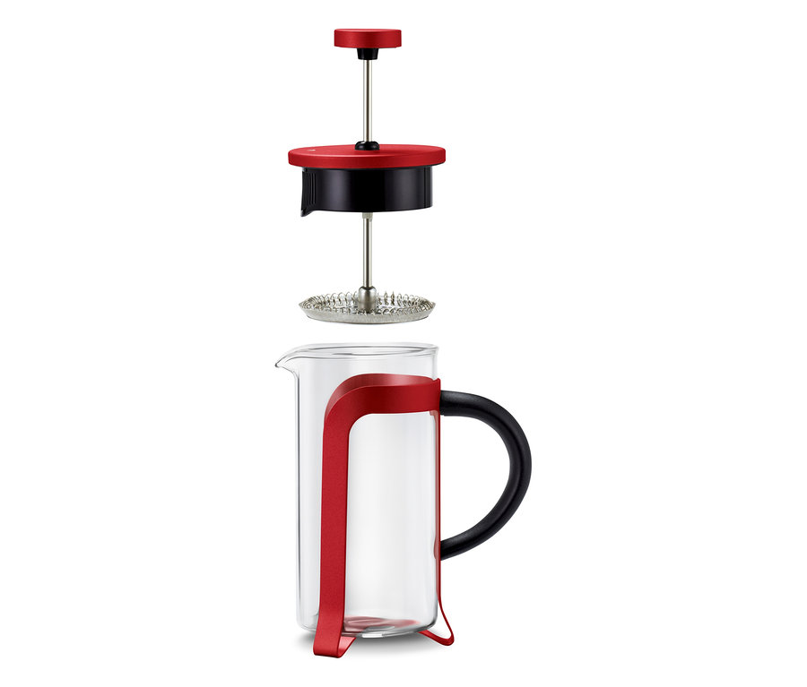 Rozložená červená kanvica french press 300 ml s 2 šálkami.