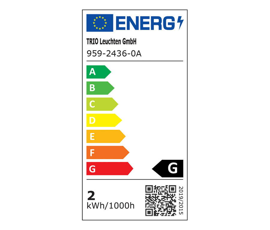 Energetický štítok TRIO Leuchten GmbH, 959-2436-0A, s triedou energetickej účinnosti G a spotrebou 2 kWh/1000h.