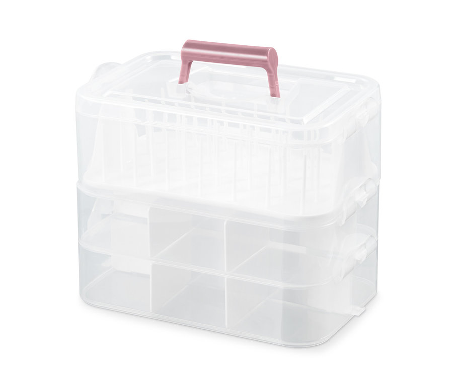 Priehľadné úložné boxy, 3 ks, naskladané na sebe.