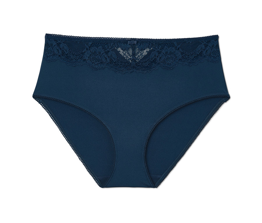 Tmavo modré nohavičky s čipkou.