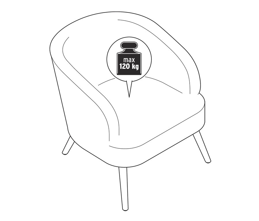 Nákres plyšového kresla / Kresla z buklé s drevenými nožičkami a maximálnou nosnosťou 120 kg.