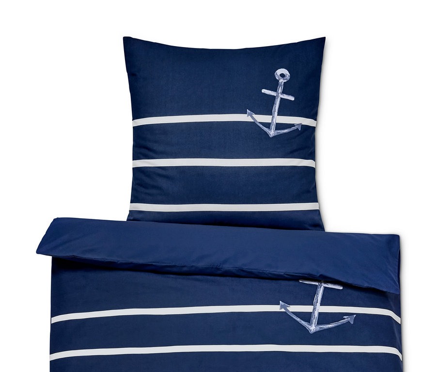 Modro-biela pruhovaná posteľná bielizeň renforcé s motívom kotvy.