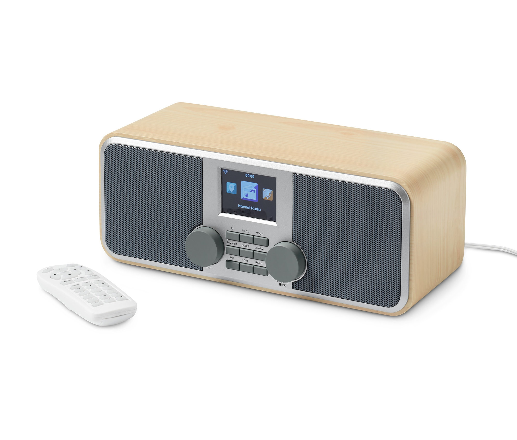 Internetové rádio WLAN s farebným displejom v prírodnej farbe a diaľkové ovládanie ležia na bielom pozadí.
