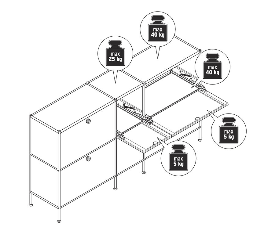 Náčrt kovovej odkladacej skrinky »CN3« so 6 výklopnými priehradkami, pričom niektoré priehradky sú otvorené.