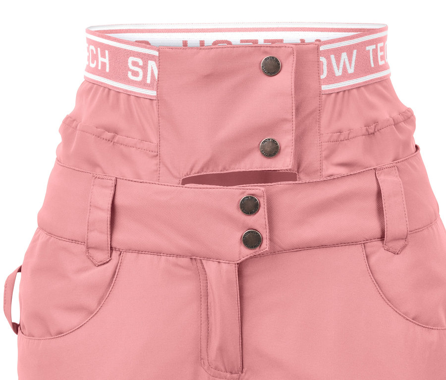 Ružové lyžiarske a snoubordové nohavice s gombíkmi.