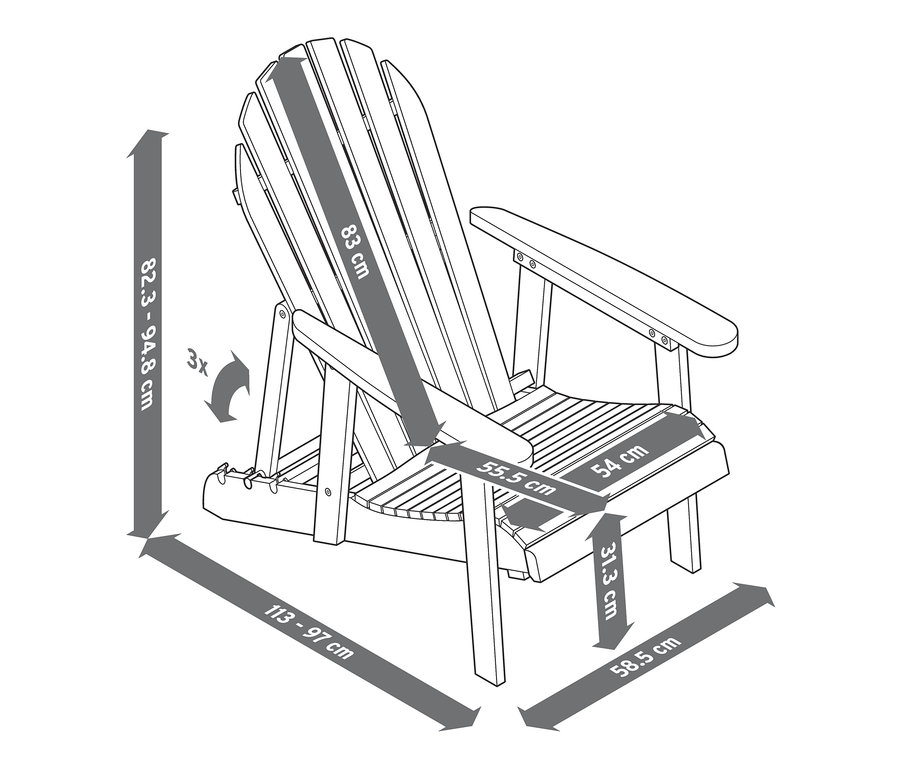 Nákres samostatného Adirondack relaxačného kresla s vyťahovacou opierkou nôh a uvedenými rozmermi.