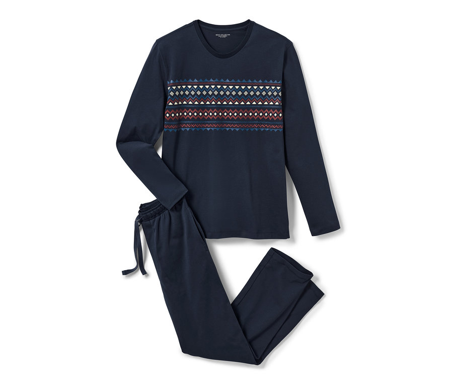 Tmavomodré pyžamo s dlhým rukávom a nórskym vzorom.