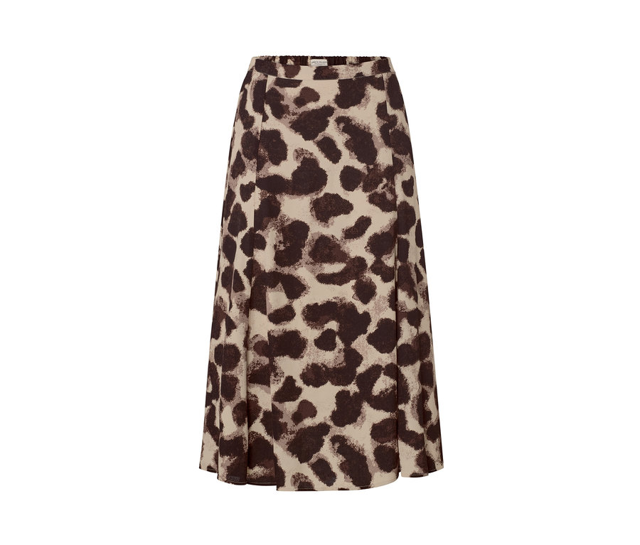 Béžová midi sukňa s hnedou zvieracou potlačou.