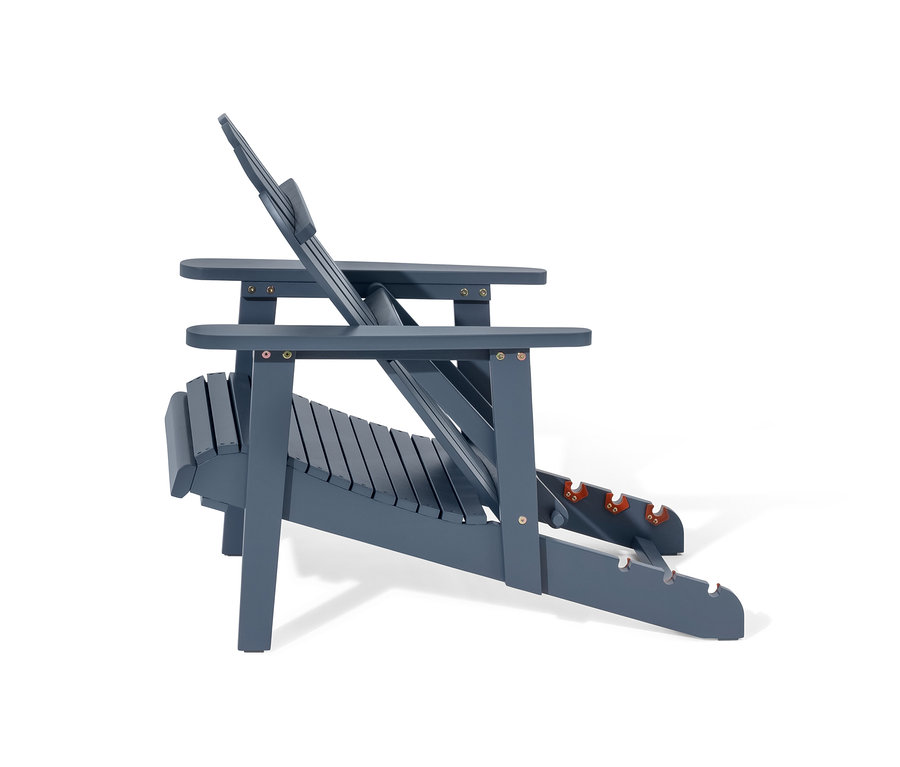 Detailný bočný pohľad na samostatné Adirondack relaxačné kreslo s vyťahovacou opierkou nôh v šedej farbe.