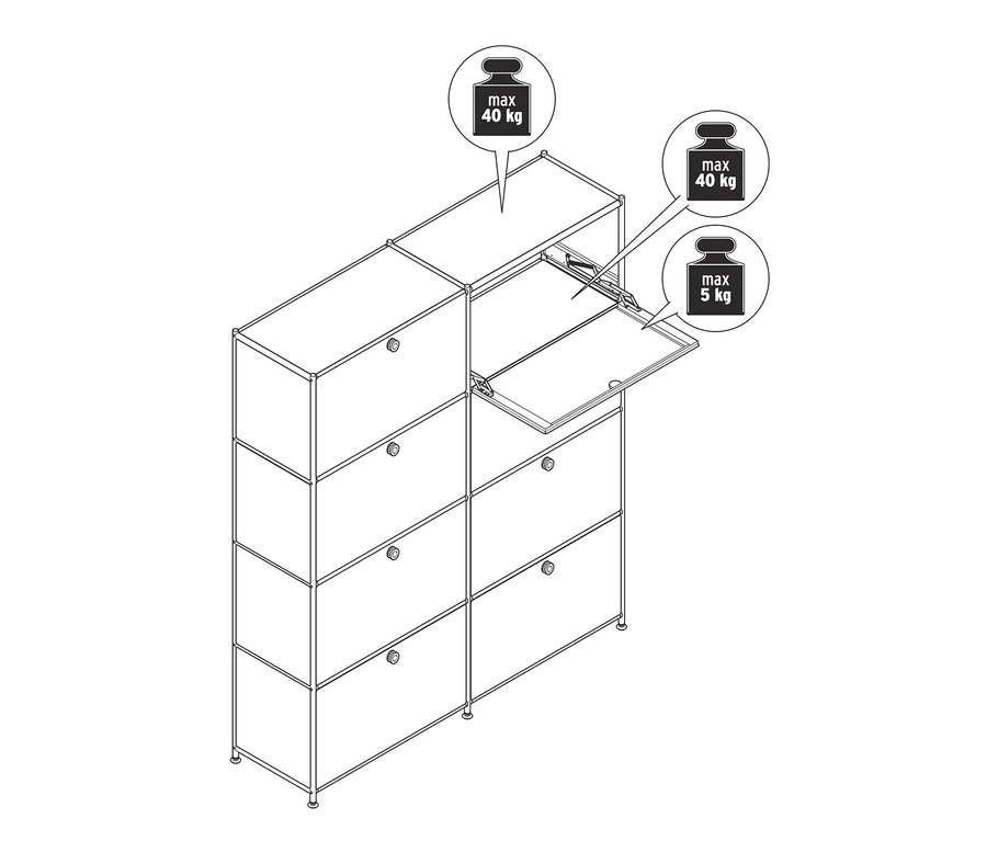 Nákres vysokej komody »CN3« s ôsmimi výklopnými dvierkami, pričom jedny dvierka sú otvorené.