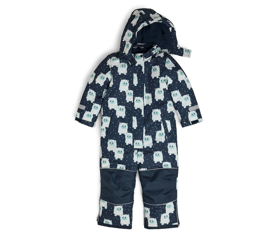 Tmavomodrá detská kombinéza s kapucňou, pokrytá bielymi kreslenými postavičkami.