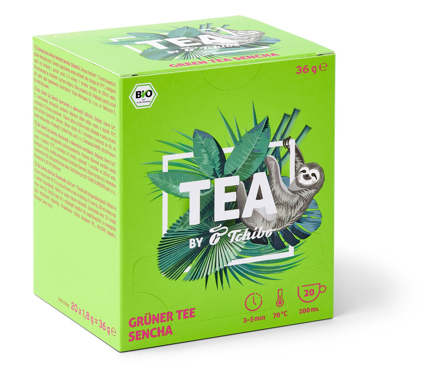 Balenie BIO zeleného čaju TEA by Tchibo Sencha s ilustráciou leňochoda.