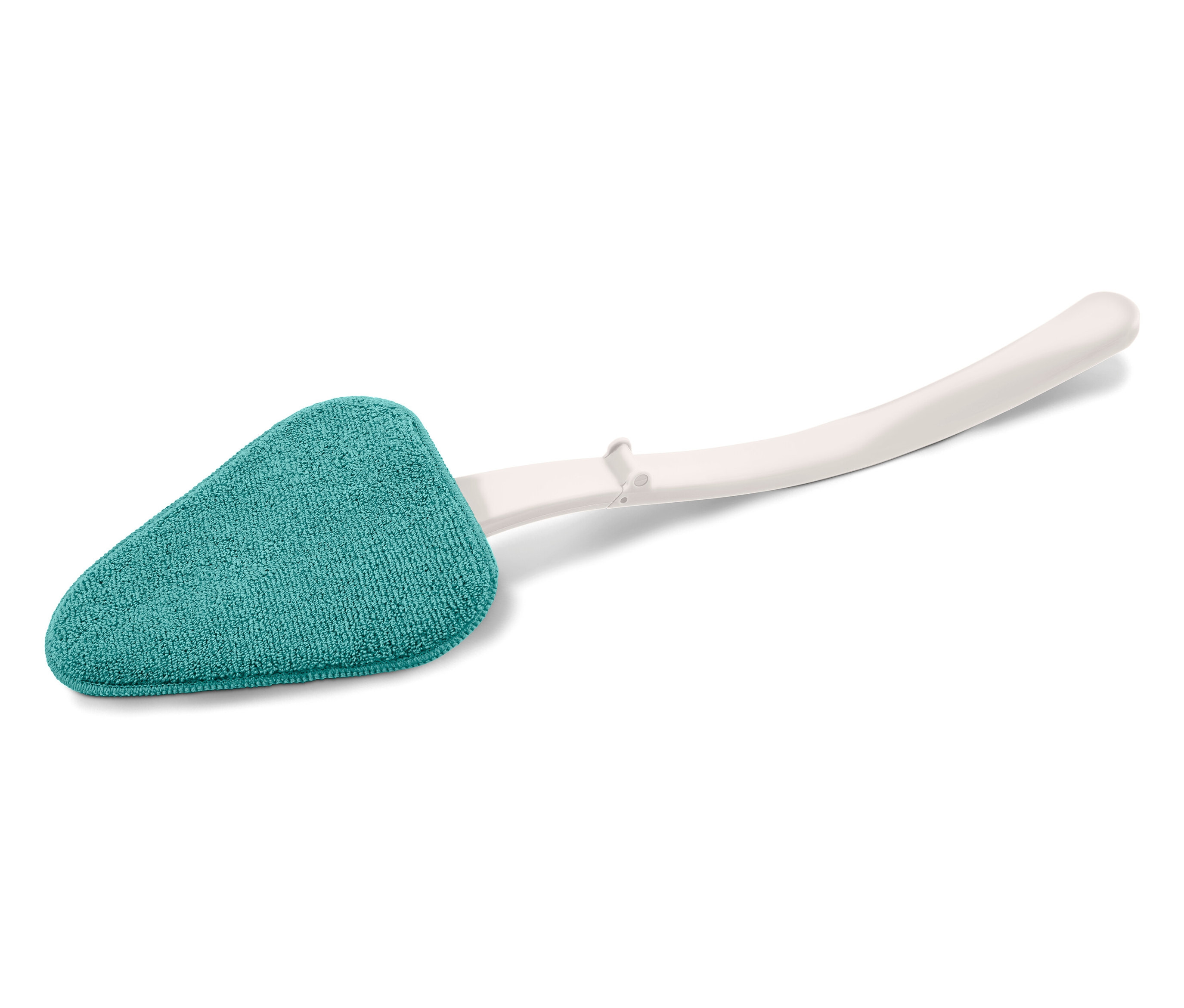 Čistiaci nástroj s modrozelenou látkovou hlavicou a bielou plastovou rukoväťou.