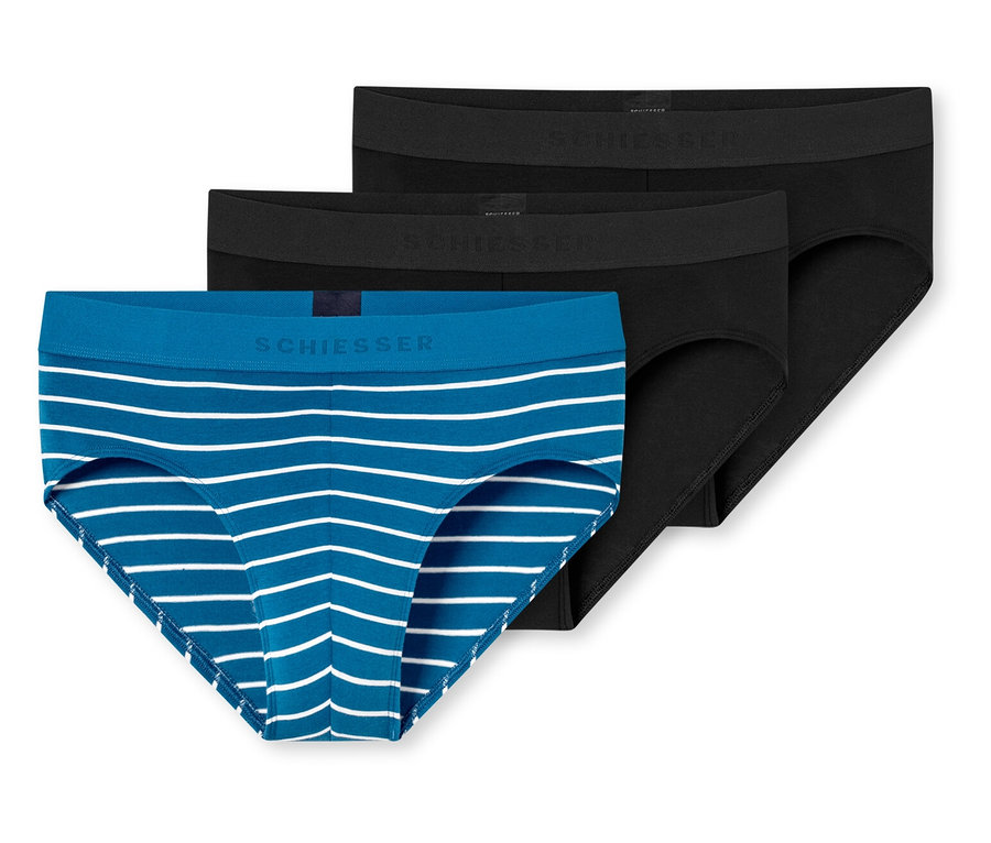 Troje slipov SCHIESSER Rio, jedny modro-biele prúžkované, dvoje čierne.