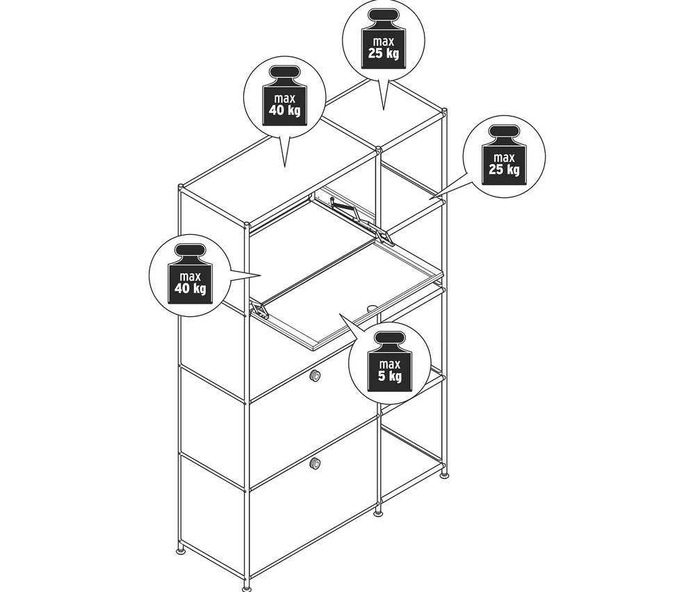 Ilustrácia kovovej skrinky »CN3« so 4 výklopnými priečinkami, pričom priečinky sú čiastočne otvorené.