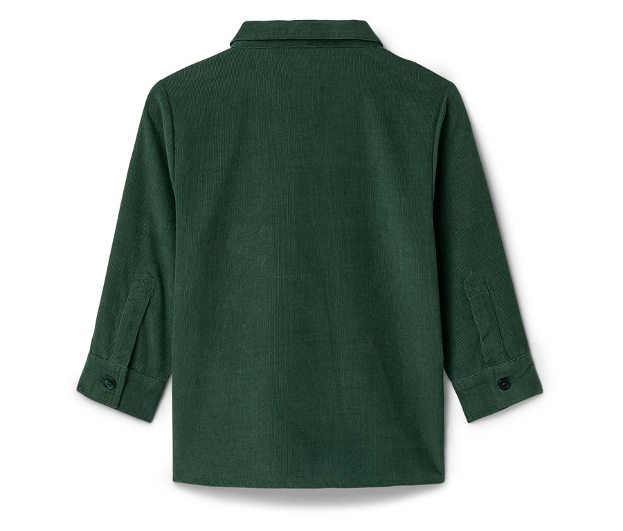 Zadný pohľad na zelenú menčestrovú košeľu s dlhými rukávmi.