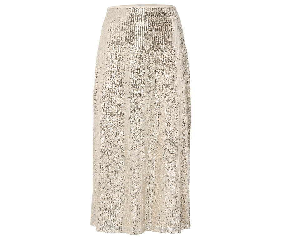 Béžová flitrová sukňa áčkového strihu.