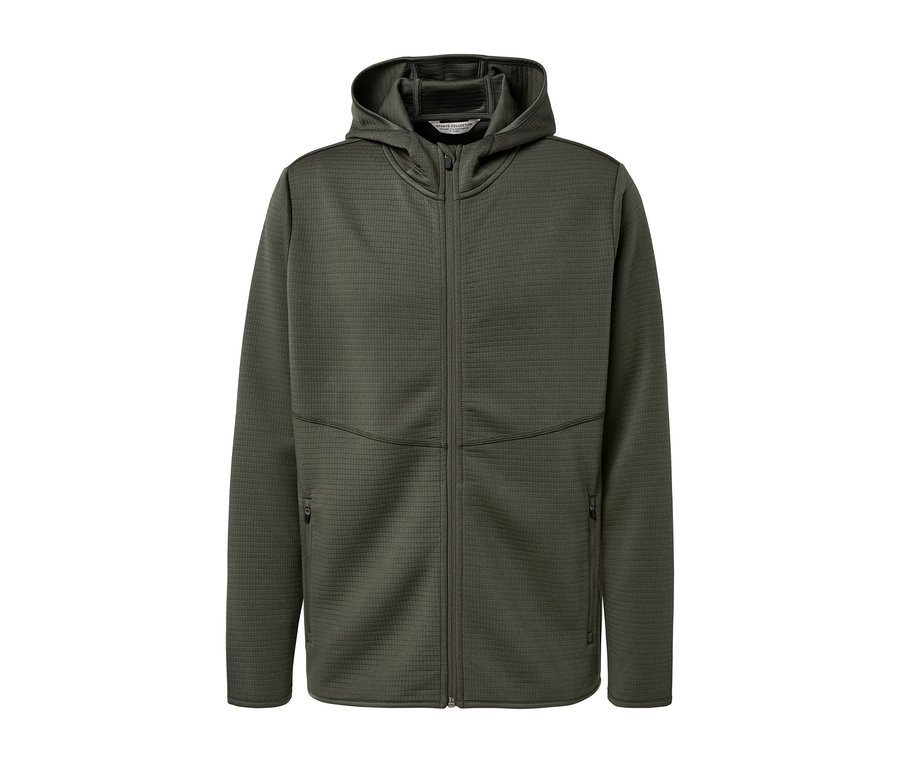 Funkčná bunda khaki farby so zipsom a kapucňou.