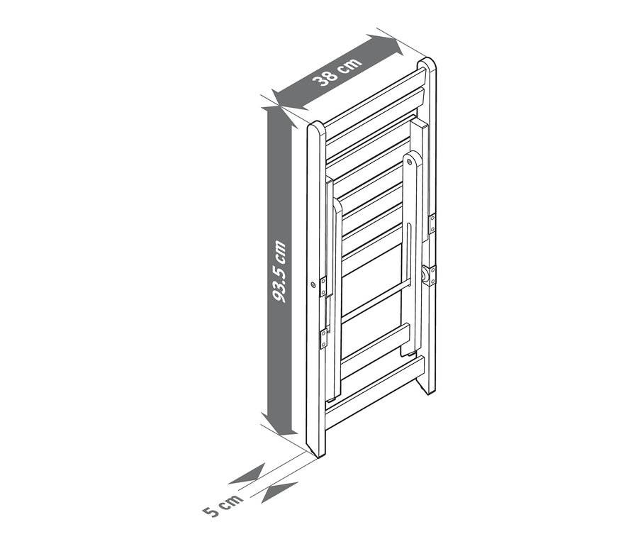 Ilustrácia jedálenskej súpravy na balkón »Lenja« s regálom v zloženom stave. Rozmery súpravy sú 93,5 cm x 38 cm x 5 cm.