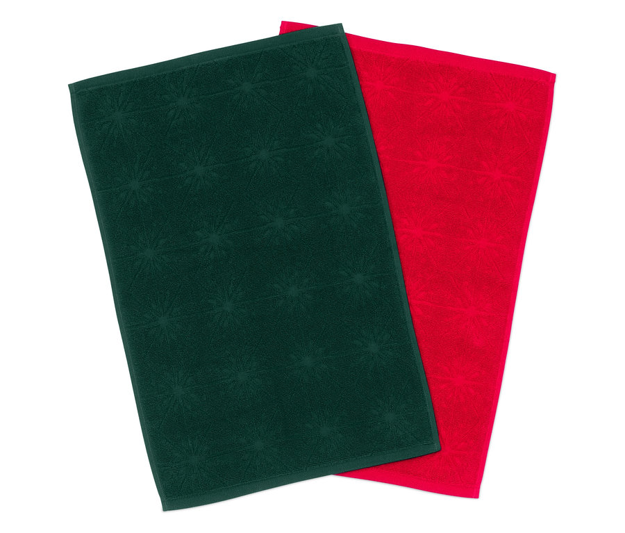 Dva uteráky: jeden zelený s hviezdičkami, druhý červený.