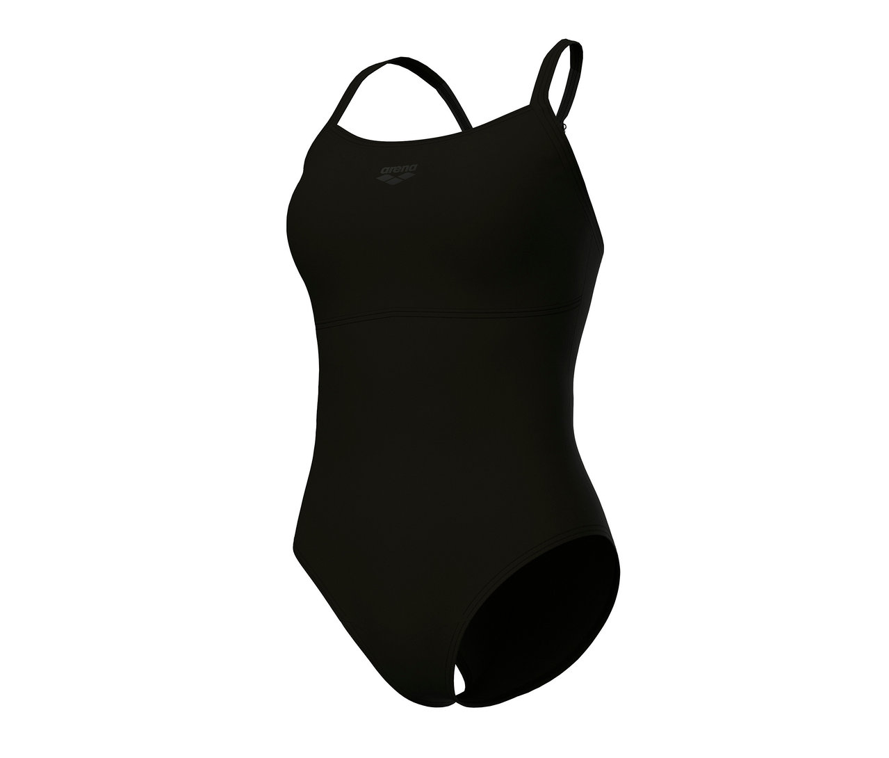 Detailný záber na dámske jednodielne plavky arena Feel Solid Lightdrop Back s vystuženými košíčkami, ČIERNE.