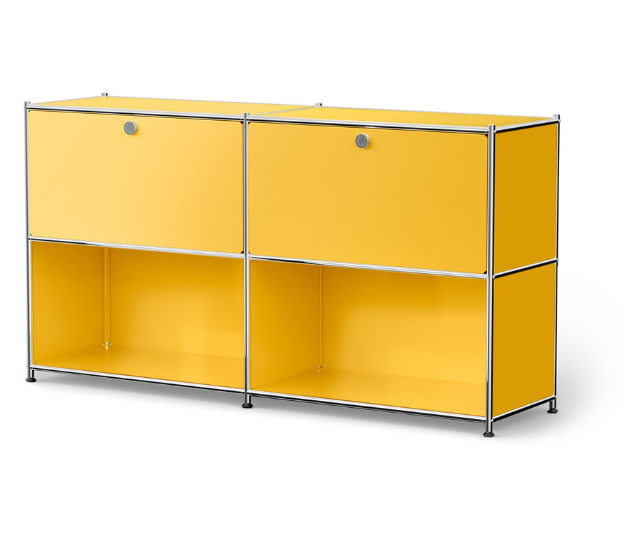 Žltá modulárna skrinka so strieborným rámom a čiernymi nohami.