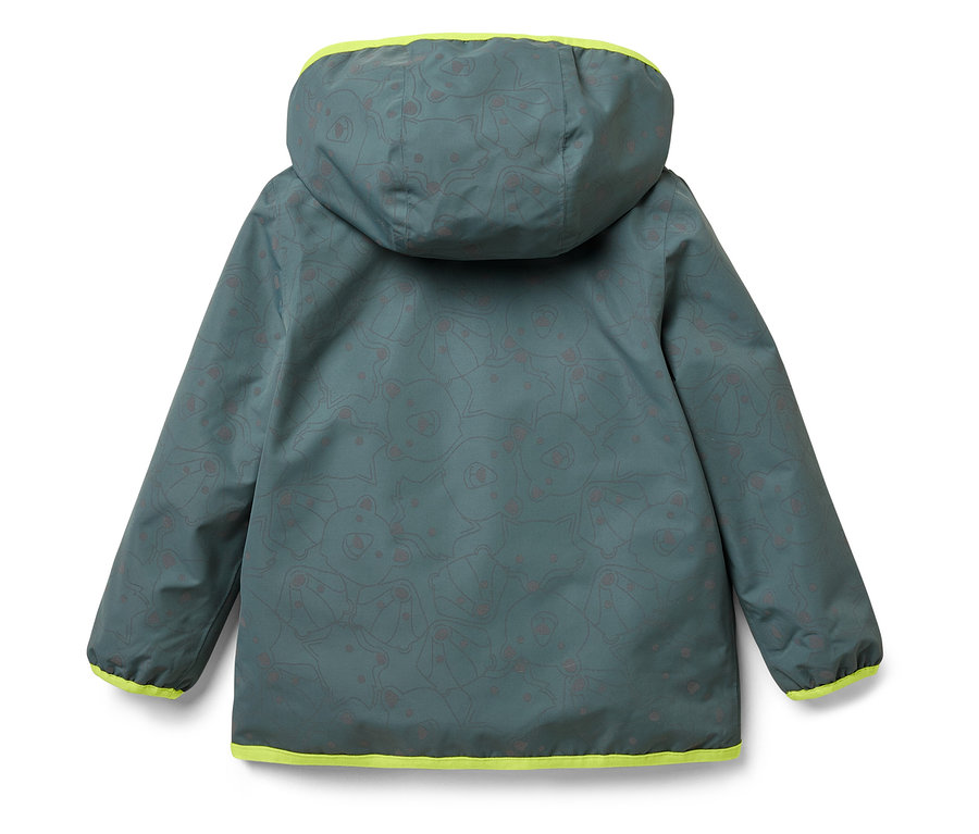 Pohľad zozadu na zelenú bundu s kapucňou a potlačou medveďov, lemovanú neónovo žltou farbou.