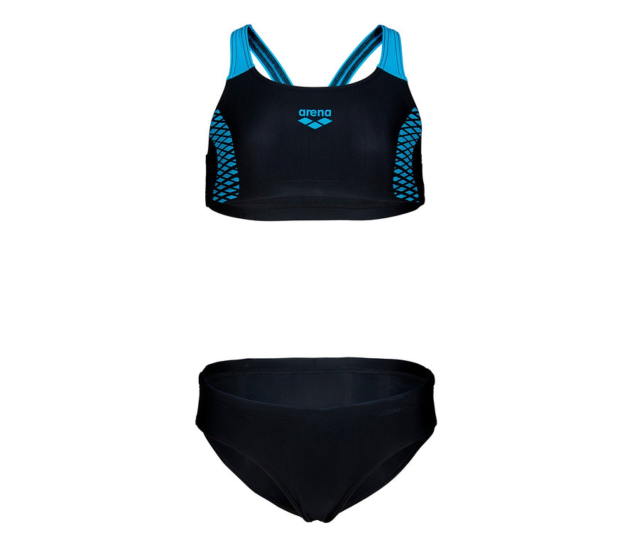 Čierne detské bikiny arena Feel Openings Energy Back s modrými detailmi.