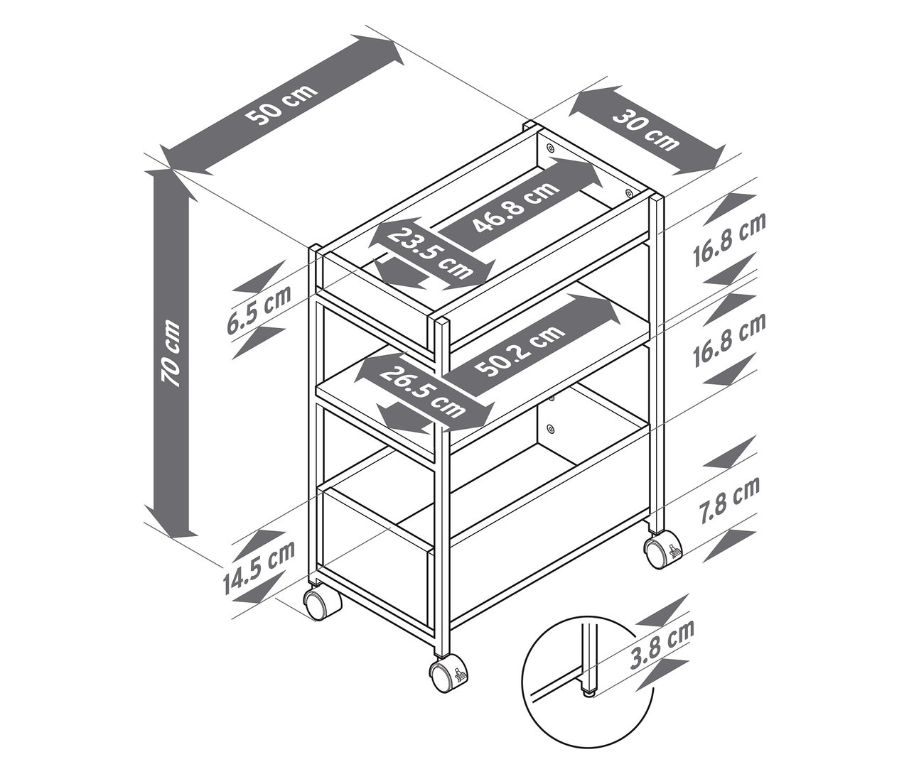 Nákres regálu KLAAR s kolieskami, s uvedenými rozmermi.