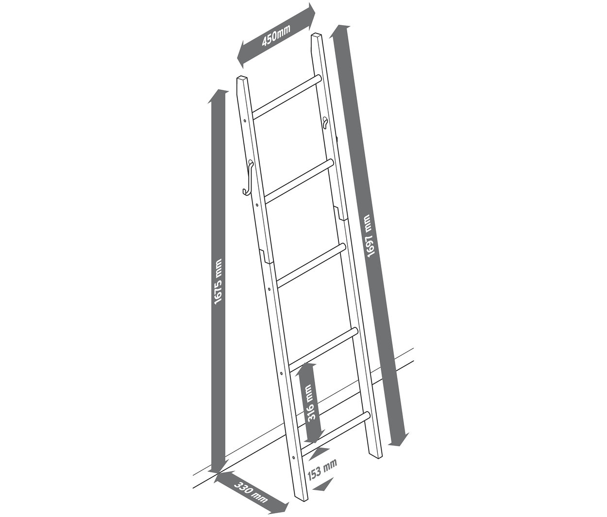 Nákres rebríka na oblečenie z dubového dreva s rozmermi.
