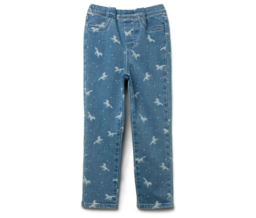 Modré džínsy s potlačou bielych koní.