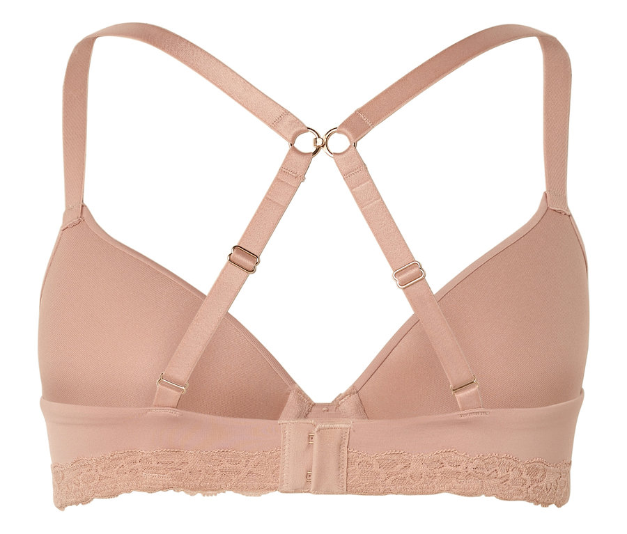 Pohľad zozadu na telovú podprsenku s nastaviteľnými ramienkami a čipkovaným lemom.