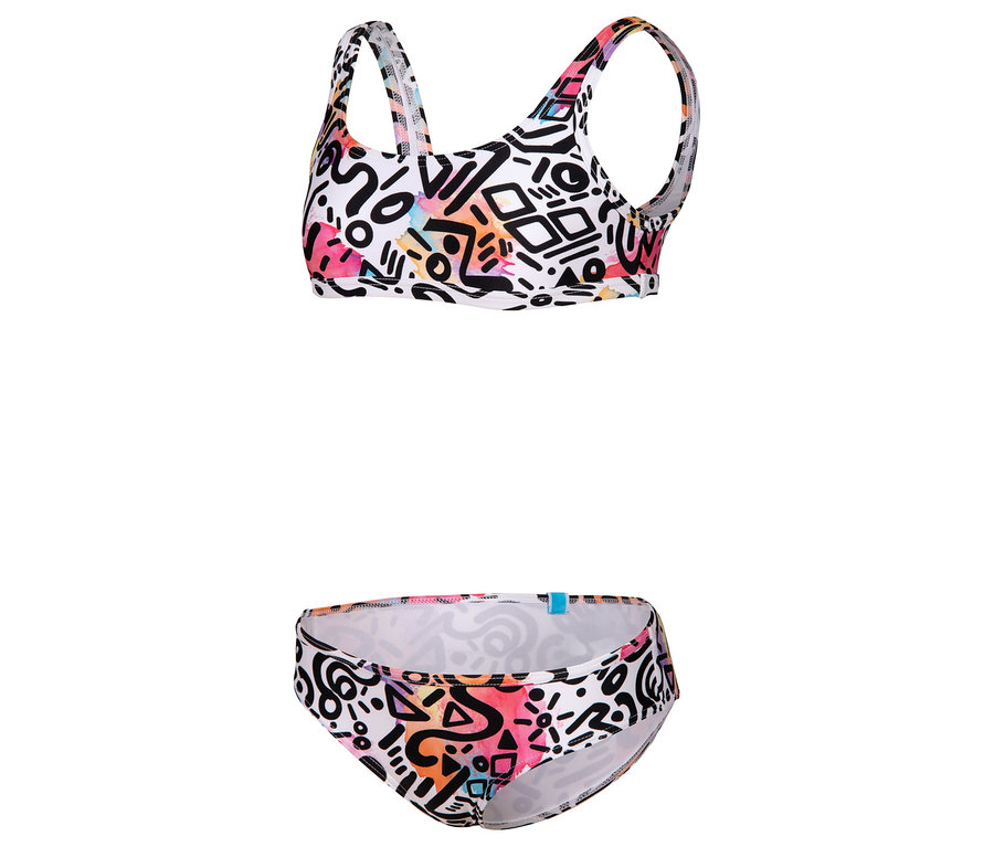 Biele dvojdielne plavky s farebnými geometrickými vzormi.